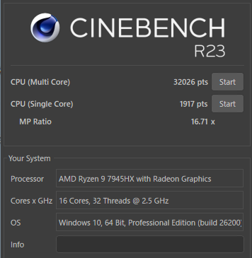 CINEBENCH R23の結果。マルチ32,026pts、シングル1,917pts